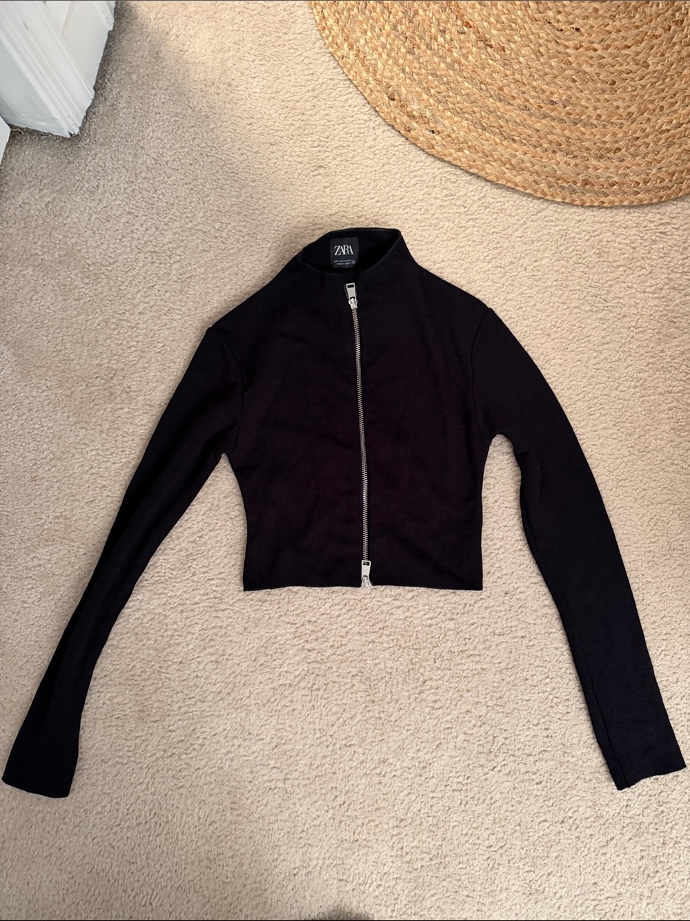 Zara Black Cropped Zip Front Bomber Shirt Jacket
